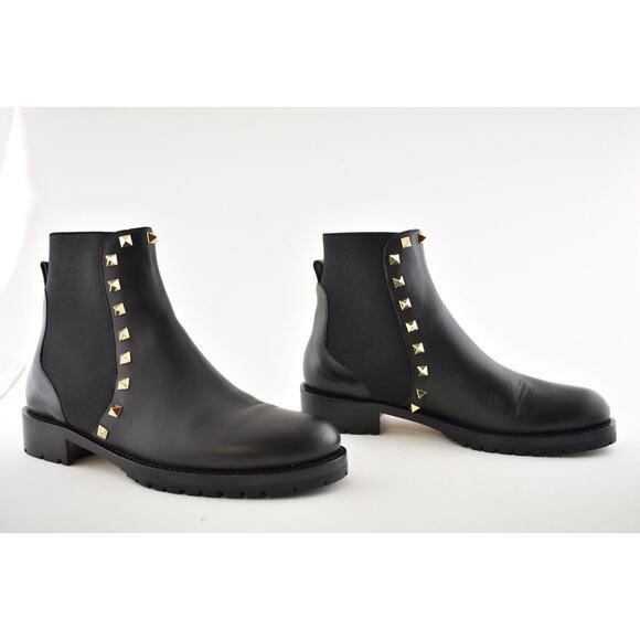 Valentino Rockstud Chelsea 20mm Black Leather Stud Heel Short Ankle Flat Boot 37 - Picture 4 of 12